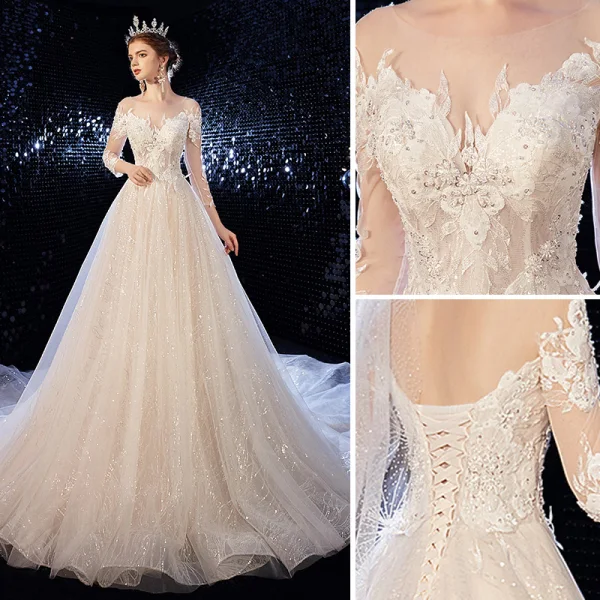 Charming Champagne Wedding Dresses 2020 A-Line / Princess Scoop Neck Beading Sequins Lace Flower 3/4 Sleeve Backless Court Train