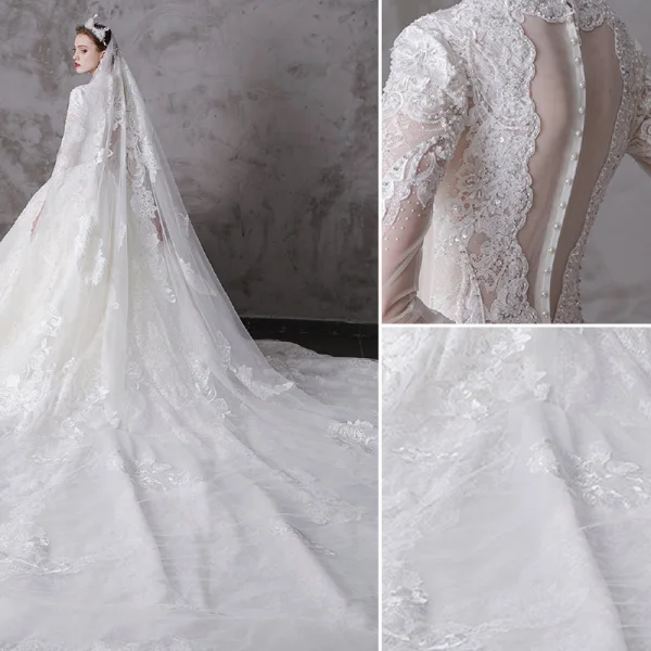 High-end Ivory Wedding Dresses 2020 A-Line / Princess V-Neck Beading Pearl Rhinestone Sequins Lace Flower 3/4 Sleeve Royal Train