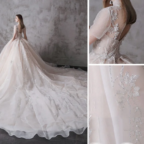 High-end Champagne Wedding Dresses 2020 Ball Gown High Neck Beading Sequins Lace Flower Short Sleeve Backless Royal Train