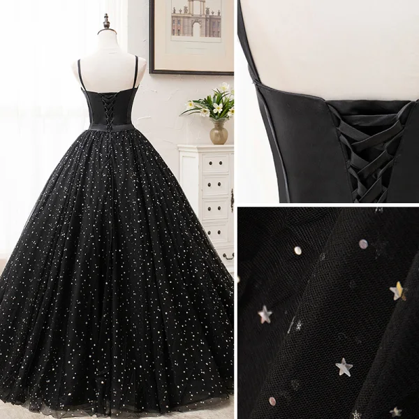 Elegant Black Prom Dresses 2020 A-Line / Princess Spaghetti Straps Star Sequins Sleeveless Backless Floor-Length / Long Formal Dresses