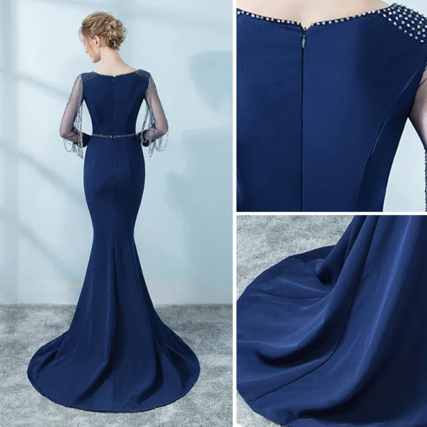 Chic / Belle Bleu Marine Robe De Soirée 2018 Trompette / Sirène Perlage Gland 3/4 Manches Encolure Dégagée Train De Balayage Robe De Ceremonie
