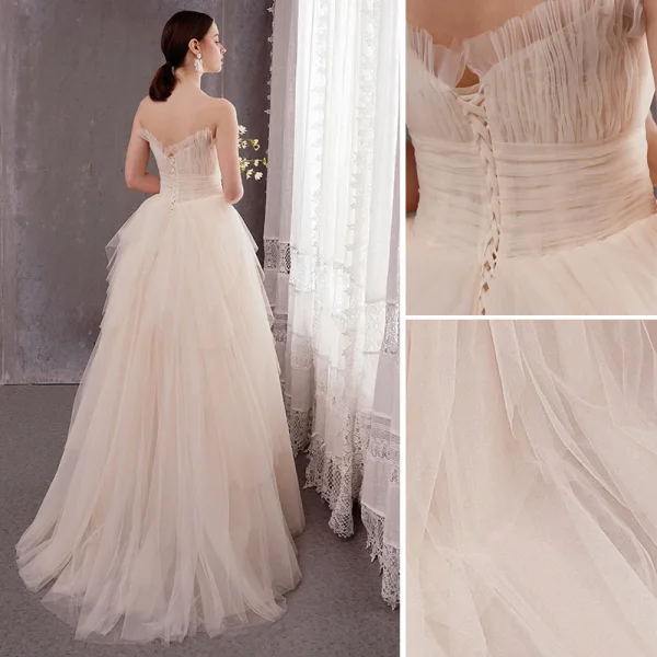 Schlicht Leichtes Champagner Strand Brautkleider / Hochzeitskleider 2020 A Linie Rüschen Bandeau Ärmellos Rückenfreies Lange
