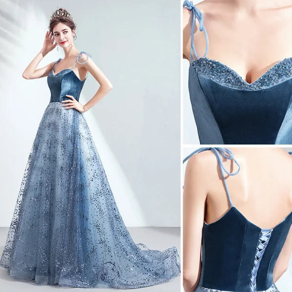 Charmant Océan Bleu Robe De Soirée 2020 Princesse Daim Bretelles Spaghetti Perlage Cristal Glitter Paillettes Sans Manches Dos Nu Tribunal Train Robe De Ceremonie