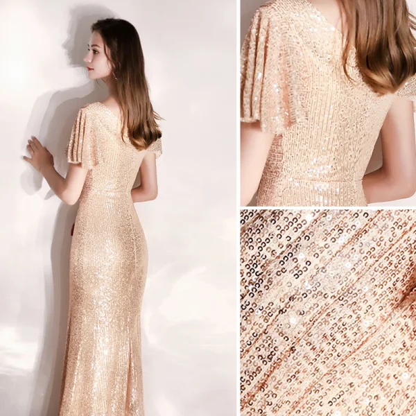 Sparkly Champagne Evening Dresses 2019 A-Line / Princess V-Neck Sequins Short Sleeve Floor-Length / Long Formal Dresses