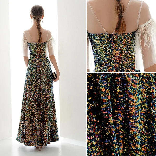 Charmant Multi-Couleurs Robe De Soirée 2019 Princesse Encolure Dégagée Paillettes 1/2 Manches Dos Nu Longue Robe De Ceremonie