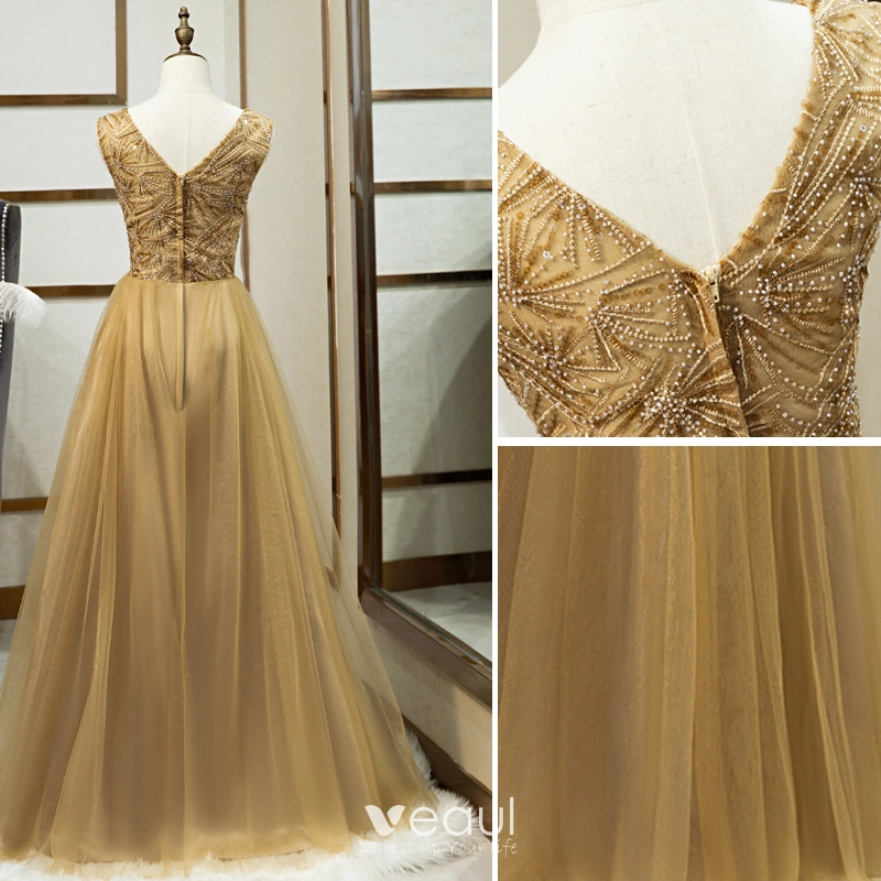 nordstrom gold bridesmaid dresses Simple Floor Length V Neck Chiffon Gold Bridesmaid Dresses US22W / Custom Color main image 0