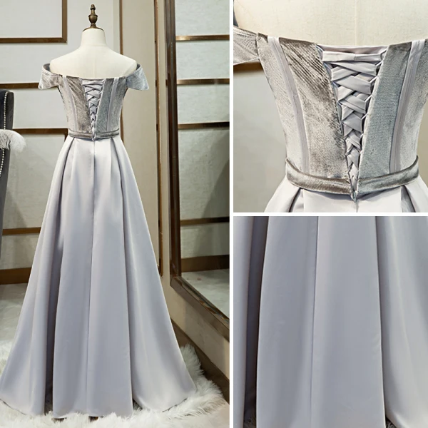 Classic Grey Prom Dresses 2019 A-Line / Princess Off-The-Shoulder Suede Short Sleeve Backless Floor-Length / Long Formal Dresses