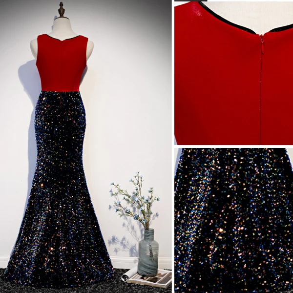 Uroczy Czerwone Sukienki Wieczorowe 2019 Syrena / Rozkloszowane V-Szyja Cekiny Bez Rękawów Bez Pleców Długie Sukienki Wizytowe