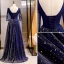 Elegant Royal Blue Evening Dresses  2020 A-Line / Princess V-Neck Beading Crystal Lace Flower Star 3/4 Sleeve Backless Floor-Length / Long Formal Dresses