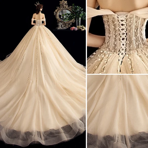 Charming Champagne Wedding Dresses 2020 Ball Gown Off-The-Shoulder Sequins Lace Flower Sleeveless Backless Chapel Train