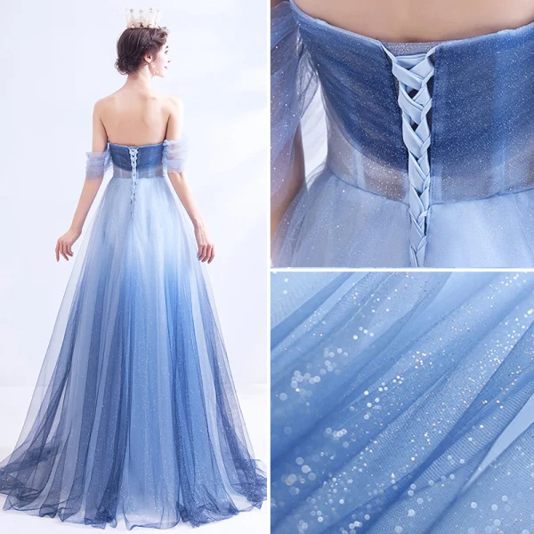 Charming Gradient-Color Sky Blue Evening Dresses 2020 A-Line / Princess Off-The-Shoulder Appliques Beading Crystal Rhinestone Sequins Short Sleeve Backless Floor-Length / Long Formal Dresses