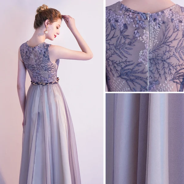 Chic / Beautiful Purple Evening Dresses  2020 A-Line / Princess Lace Scoop Neck Sleeveless Floor-Length / Long Formal Dresses