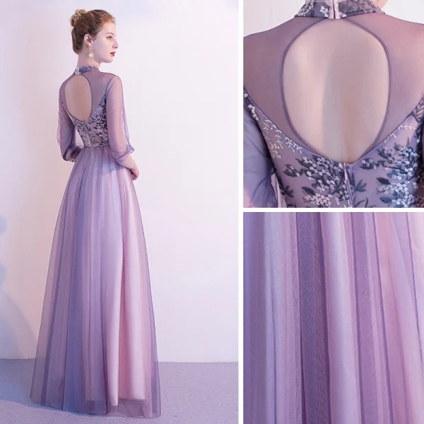 Chic / Belle Lavande Robe De Soirée 2020 Princesse Col Haut En Dentelle Fleur 1/2 Manches Dos Nu Longue Robe De Ceremonie