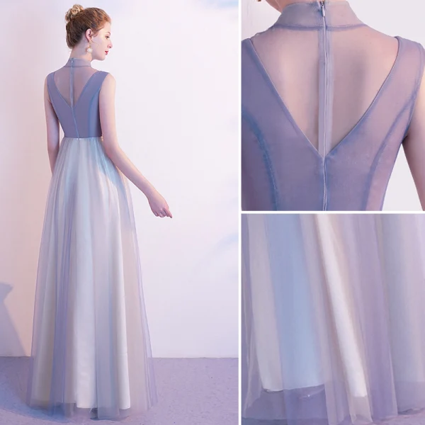 Elegant Grey Evening Dresses 2020 A-Line / Princess High Neck Pearl Rhinestone Lace Flower Sleeveless Floor-Length / Long Formal Dresses