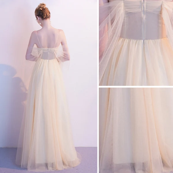Charmant Champagne Robe De Soirée 2020 Princesse Bretelles Spaghetti Perlage Paillettes Sans Manches Dos Nu Longue Robe De Ceremonie