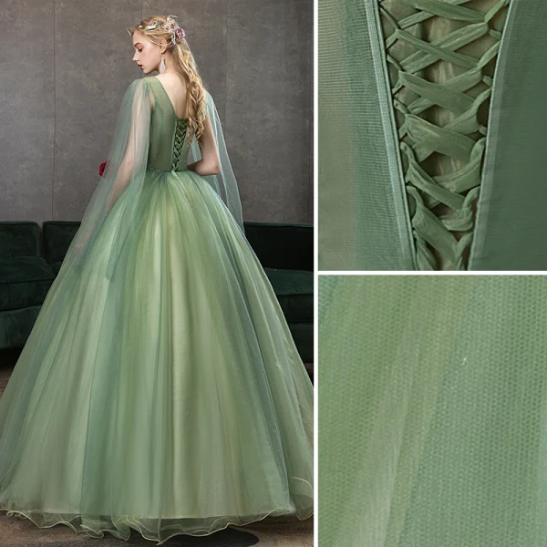 Elegant Lime Green Prom Dresses 2020 Ball Gown V-Neck Beading Rhinestone Lace Flower Short Sleeve Backless Floor-Length / Long Formal Dresses