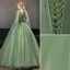 Elegant Lime Green Prom Dresses 2020 Ball Gown V-Neck Beading Rhinestone Lace Flower Short Sleeve Backless Floor-Length / Long Formal Dresses