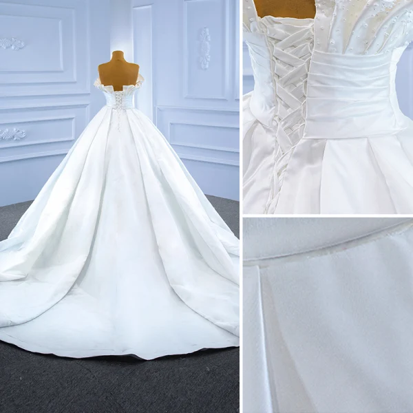 Luxus / Herrlich Hohes Niedriges Ivory / Creme Perle Satin Brautkleider / Hochzeitskleider 2021 Ballkleid Bandeau Rückenfreies Königliche Schleppe Hochzeit