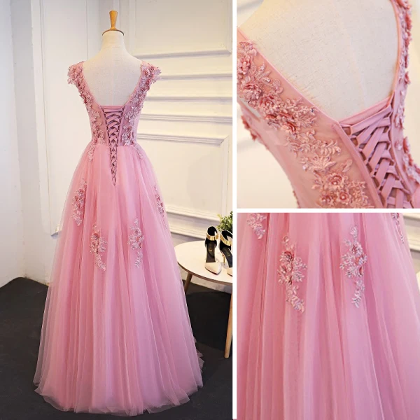 Chic / Belle Rose Bonbon Robe De Bal 2018 Princesse En Dentelle Appliques Paillettes Encolure Dégagée Dos Nu Sans Manches Longue Robe De Ceremonie