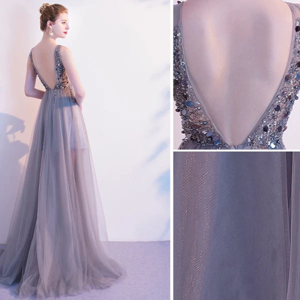 Elegant Grey Evening Dresses 2020 A-Line / Princess V-Neck Beading Sequins Sleeveless Backless Floor-Length / Long Formal Dresses
