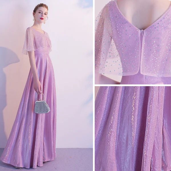 Chic / Belle Rose Bonbon Robe De Soirée 2020 Princesse V-Cou Faux Diamant Manches Courtes Dos Nu Longue Robe De Ceremonie
