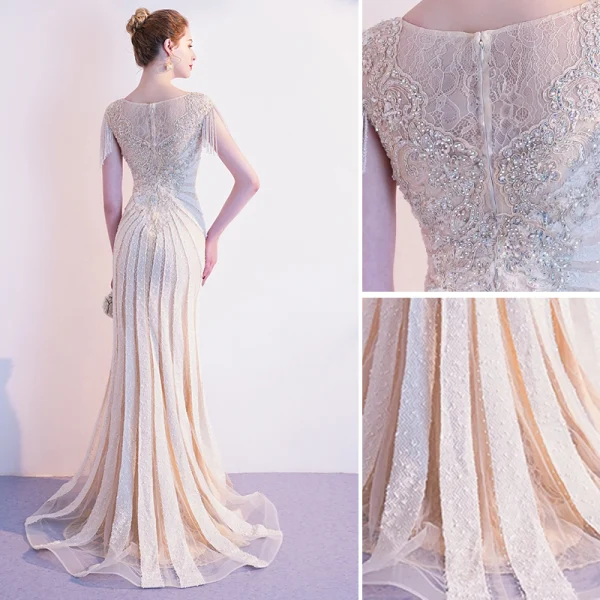Luxe Champagne Robe De Soirée 2020 Trompette / Sirène Encolure Dégagée Fait main Perlage Gland En Dentelle Faux Diamant Paillettes Manches Courtes Train De Balayage Robe De Ceremonie