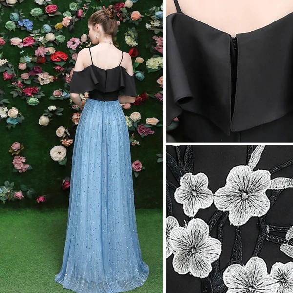 Chic / Belle Noire Robe De Soirée 2020 Princesse Bretelles Spaghetti Paillettes En Dentelle Fleur Manches Courtes Dos Nu Longue Robe De Ceremonie