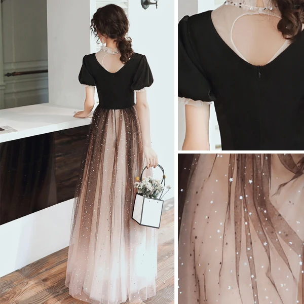 Fashion Black Evening Dresses  2020 A-Line / Princess Scoop Neck Beading Star Sequins Short Sleeve Backless Floor-Length / Long Formal Dresses