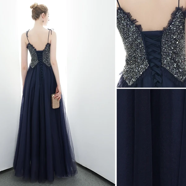 Chic Bleu Marine Robe De Soirée 2020 Princesse Bretelles Spaghetti Perlage Paillettes Sans Manches Dos Nu Longue Robe De Ceremonie