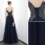 Chic Bleu Marine Robe De Soirée 2020 Princesse Bretelles Spaghetti Perlage Paillettes Sans Manches Dos Nu Longue Robe De Ceremonie