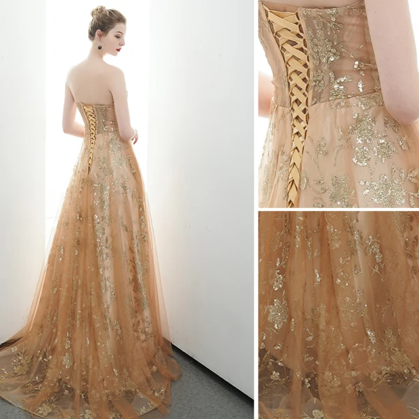 Charmant Gold Abendkleider 2020 A Linie Bandeau Perlenstickerei Pailletten Spitze Blumen Ärmellos Rückenfreies Sweep / Pinsel Zug Festliche Kleider