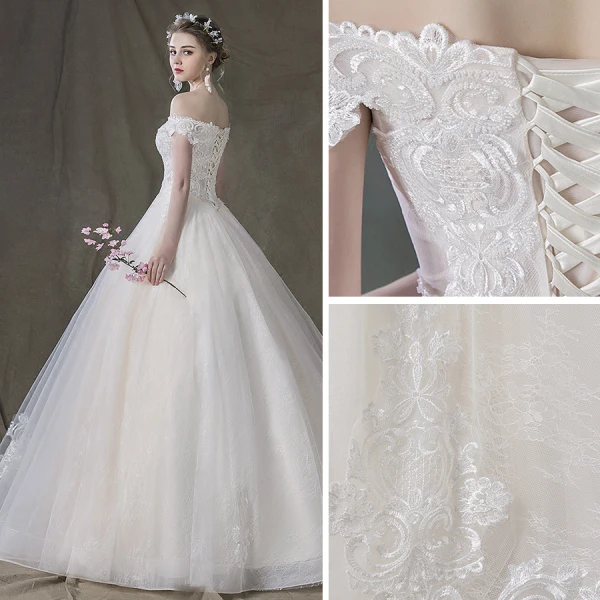 Elegant Champagne Wedding Dresses 2018 Ball Gown Lace Flower Off-The-Shoulder Backless Sleeveless Floor-Length / Long Wedding