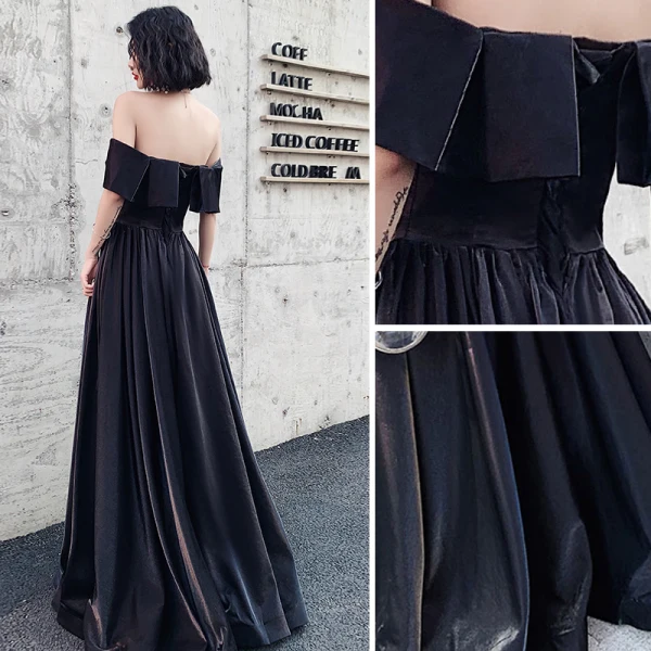 Elegant Black Evening Dresses  2020 A-Line / Princess Off-The-Shoulder Short Sleeve Backless Floor-Length / Long Formal Dresses
