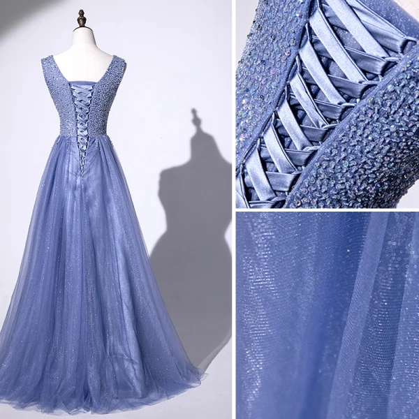 Chic / Belle Océan Bleu Robe De Soirée 2020 Princesse V-Cou Perlage Glitter Paillettes Sans Manches Dos Nu Longue Robe De Ceremonie