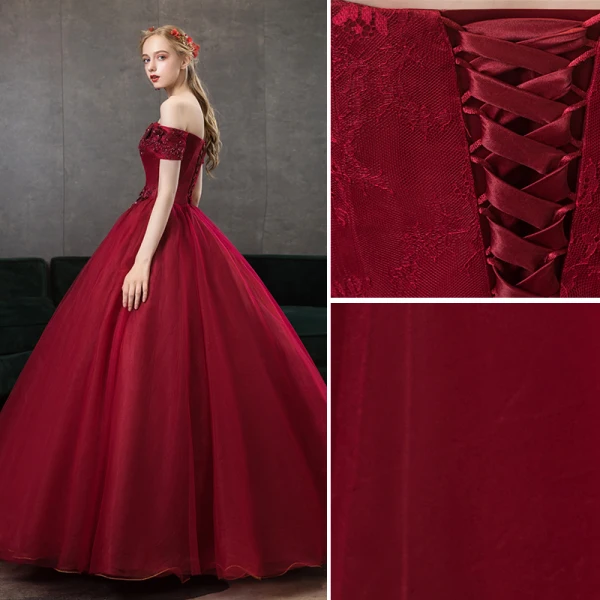Élégant Bordeaux Robe De Bal 2020 Princesse De l'épaule Perlage Cristal Faux Diamant En Dentelle Fleur Manches Courtes Dos Nu Longue Robe De Ceremonie