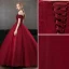 Élégant Bordeaux Robe De Bal 2020 Princesse De l'épaule Perlage Cristal Faux Diamant En Dentelle Fleur Manches Courtes Dos Nu Longue Robe De Ceremonie