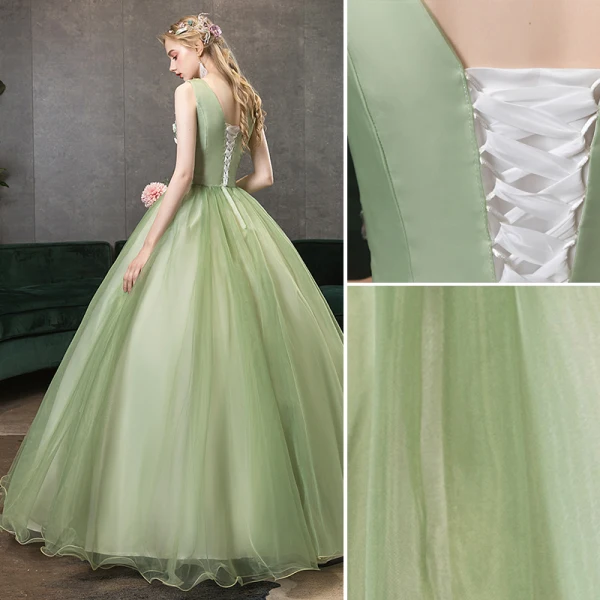 Elegante Lindgrün Ballkleider 2020 A Linie V-Ausschnitt Perle Spitze Blumen Ärmellos Rückenfreies Lange Festliche Kleider