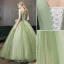 Elegante Lindgrün Ballkleider 2020 A Linie V-Ausschnitt Perle Spitze Blumen Ärmellos Rückenfreies Lange Festliche Kleider