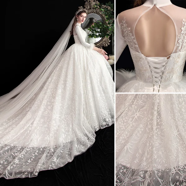 Vintage / Originale Style Chinois Ivoire Robe De Mariée 2020 Princesse Col Haut En Dentelle Fleur Étoile Paillettes 3/4 Manches Dos Nu Cathedral Train