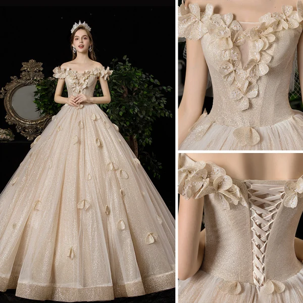 Luxury / Gorgeous Champagne Wedding Dresses 2020 A-Line / Princess Off-The-Shoulder Appliques Pearl Sequins Sleeveless Backless Floor-Length / Long