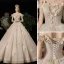 Luxury / Gorgeous Champagne Wedding Dresses 2020 A-Line / Princess Off-The-Shoulder Appliques Pearl Sequins Sleeveless Backless Floor-Length / Long