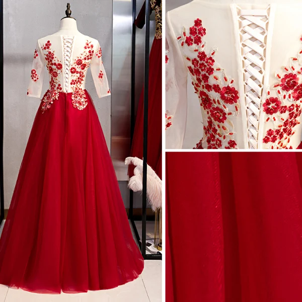 Chic / Belle Bordeaux Robe De Soirée 2020 Princesse Encolure Dégagée Perlage Perle En Dentelle Fleur 1/2 Manches Longue Robe De Ceremonie