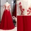 Chic / Belle Bordeaux Robe De Soirée 2020 Princesse Encolure Dégagée Perlage Perle En Dentelle Fleur 1/2 Manches Longue Robe De Ceremonie