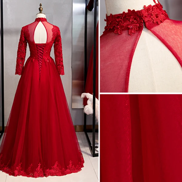 Affordable Chinese style Burgundy Evening Dresses 2020 A-Line / Princess High Neck Beading Lace Flower Long Sleeve Backless Floor-Length / Long Formal Dresses