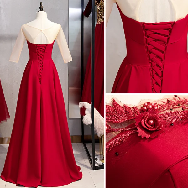 Elegant Burgundy Evening Dresses 2020 A-Line / Princess Scoop Neck Rhinestone Pearl Lace Flower 3/4 Sleeve Backless Floor-Length / Long Formal Dresses