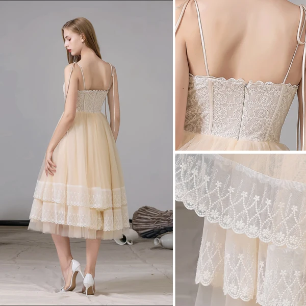 Fashion Champagne Homecoming Graduation Dresses 2020 A-Line / Princess Spaghetti Straps Lace Sleeveless Backless Tea-length Formal Dresses