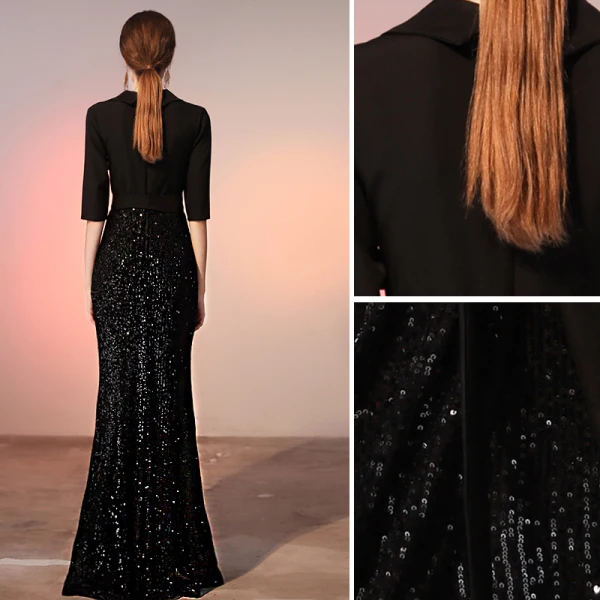 Classy Black Evening Dresses  2020 A-Line / Princess Bow Satin Sequins V-Neck 1/2 Sleeves Floor-Length / Long Formal Dresses