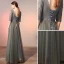 Elegant Grey Evening Dresses  2020 A-Line / Princess Scoop Neck Pearl Rhinestone Lace Flower Appliques 1/2 Sleeves Backless Floor-Length / Long Formal Dresses
