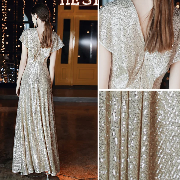 Scintillantes Doré Robe De Soirée 2020 Princesse Encolure Dégagée Paillettes Manches Courtes Dos Nu Longue Robe De Ceremonie