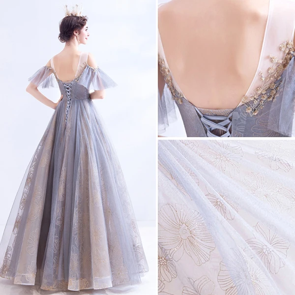 Élégant Gris Robe De Bal 2020 Princesse Encolure Dégagée Perlage Paillettes Manches Courtes Dos Nu Longue Robe De Ceremonie